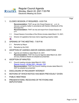 Regular Council Agenda Monday, March 22, 2021 7:00 PM Electronic Meeting Via Zoom