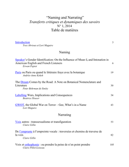 Naming and Narrating” Transferts Critiques Et Dynamiques Des Savoirs N° 1, 2014 Table De Matières