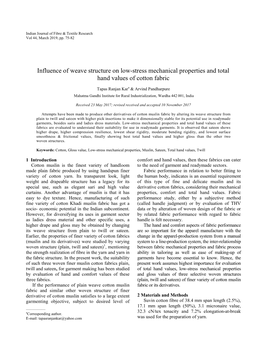 Influence of Weave Structure on Low-Stress Mechanical Properties and Total Hand Values of Cotton Fabric