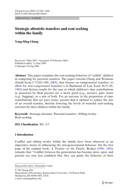 Strategic Altruistic Transfers and Rent Seeking Within the Family