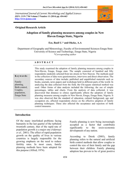 Adoption of Family Planning Measures Among Couples in New Haven Enugu State, Nigeria