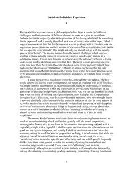 1 Social and Individual Expression I the Idea Behind Expressivism As a Philosophy of Ethics Faces a Number of Different Challeng