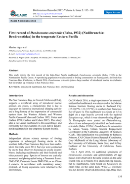 First Record of Dendronotus Orientalis (Baba, 1932) (Nudibranchia: Dendronotidae) in the Temperate Eastern Pacific