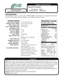 PRODUCT SPECIFICATION . Bulgogi Beef Dumplings