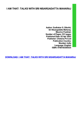 {FREE} I Am That: Talks with Sri Nisargadatta Maharaj Ebook