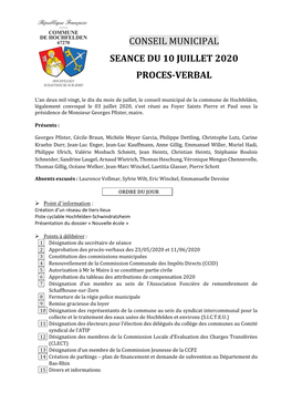 Conseil Municipal Seance Du 10 Juillet 2020 Proces-Verbal