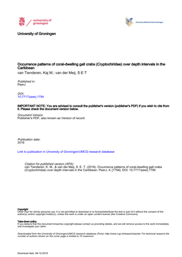 Occurrence Patterns of Coral-Dwelling Gall Crabs (Cryptochiridae) Over Depth Intervals in the Caribbean Van Tienderen, Kaj M.; Van Der Meij, S E T