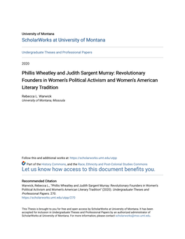 Phillis Wheatley and Judith Sargent Murray: Revolutionary Founders in Women’S Political Activism and Women’S American Literary Tradition