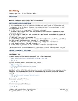 Head Injury Pediatric After-Hours Version - Standard - 2015