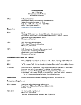 Curriculum Vitae Mary E. Carlson Clinical Associate Professor Marquette University Office: College of Education Department of E