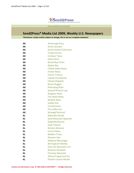 Send2press® Media List 2009, Weekly U.S. Newspapers *Disclaimer: Media Outlets Subject to Change; This Is Not Our Complete Database!