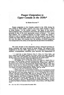 Pauper Emigration to Upper Canada in the 1830S*