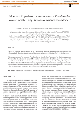 Mosasauroid Predation on an Ammonite – Pseudaspido- Ceras – from the Early Turonian of South-Eastern Morocco