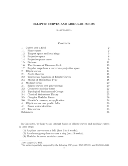 ELLIPTIC CURVES and MODULAR FORMS Contents 1. Curves Over A