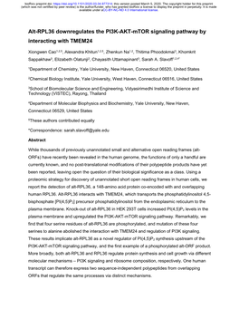 Alt-RPL36 Downregulates the PI3K-AKT-Mtor Signaling Pathway by Interacting with TMEM24