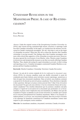 Citizenship Revocation in the Mainstream Press: a Case of Re-Ethni- Cization?