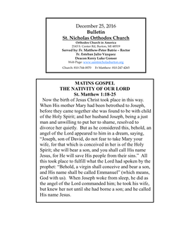 December 25, 2016 Bulletin St. Nicholas Orthodox Church MATINS