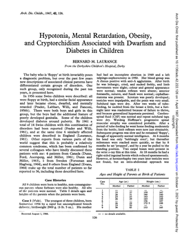 Hypotonia, Mental Retardation, Obesity, and Cryptorchidism Associated with Dwarfism and Diabetes in Children