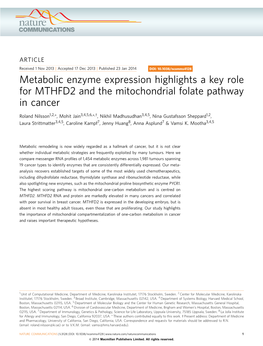 Metabolic Enzyme Expression Highlights a Key Role for MTHFD2 and the Mitochondrial Folate Pathway in Cancer