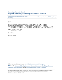 Digitalcommons@University of Nebraska - Lincoln Proceedings of the North American Crane North American Crane Working Group Workshop