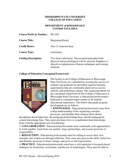 PE 1051 Karate – Revised Spring 2014 1 MISSISSIPPI STATE