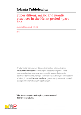 Jolanta Tubielewicz Superstitions, Magic and Mantic Practices in the Heian Period - Part One