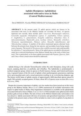 Aphids (Hemiptera: Aphidoidea) Associated with Native Trees in Malta (Central Mediterranean)