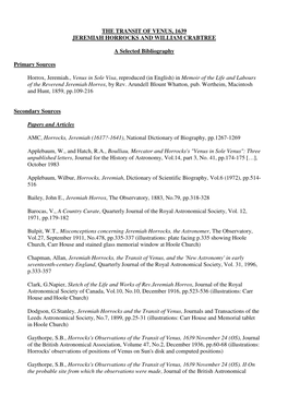 The Transit of Venus, 1639 Jeremiah Horrocks and William Crabtree