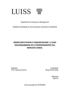 Brand Reputation E Comunicazione. Il Caso Dolce&Gabbana Ed Il