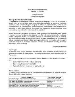 Plan Municipal De Desarrollo Gestión 2018-2021 Jolalpan, Puebla Fidel Rojas Quintana Mensaje Del Presidente Municipal La Elabor