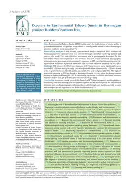 Exposure to Environmental Tobacco Smoke in Hormozgan Province Residents’ Southern Iran