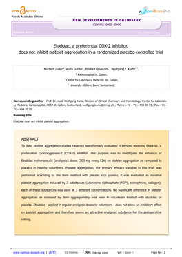 Etodolac, a Preferential COX-2 Inhibitor, Does Not Inhibit Platelet Aggregation in a Randomized Placebo-Controlled Trial