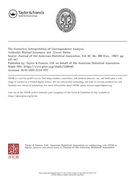 The Geometric Interpretation of Correspondence Analysis Author(S): Michael Greenacre and Trevor Hastie Source: Journal of the American Statistical Association, Vol