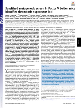 Sensitized Mutagenesis Screen in Factor V Leiden Mice Identifies Thrombosis Suppressor Loci