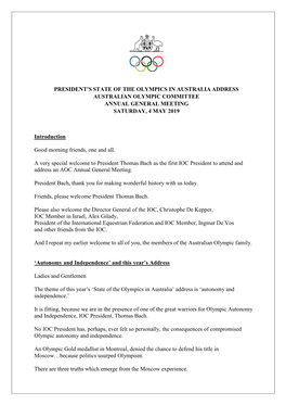 President's State of the Olympics in Australia Address Australian Olympic Committee Annual General Meeting Saturday, 4 May 2019