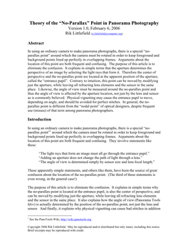 “No-Parallax” Point in Panorama Photography Version 1.0, February 6, 2006 Rik Littlefield (Rj.Littlefield@Computer.Org)