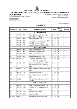 UNIVERSITY of MYSORE DEPARTMENT of STUDIES in ANCIENT HISTORY and ARCHAEOLOGY Dr