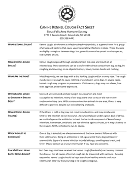 KENNEL COUGH FACT SHEET Sioux Falls Area Humane Society 3720 E Benson Road • Sioux Falls, SD 57104 605.338.4441