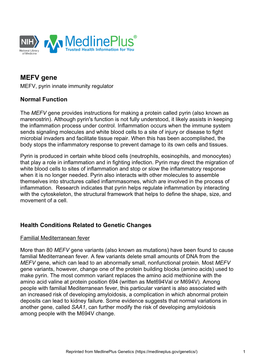 MEFV Gene MEFV, Pyrin Innate Immunity Regulator