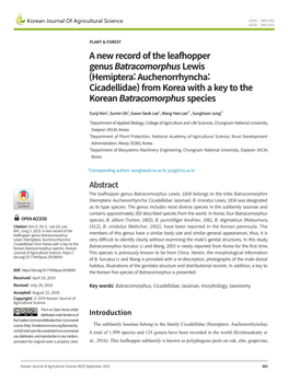 Hemiptera: Auchenorrhyncha: Cicadellidae) from Korea with a Key to the Korean Batracomorphus Species