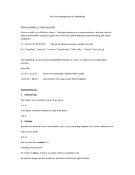 Set Theory Background for Probability Defining Sets (A Very Naïve Approach)