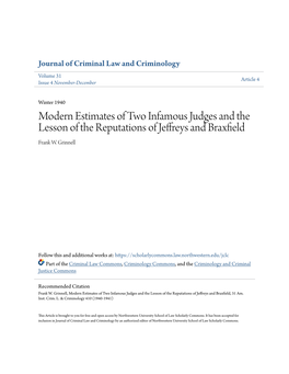 Modern Estimates of Two Infamous Judges and the Lesson of the Reputations of Jeffreys and Braxfield Frank W