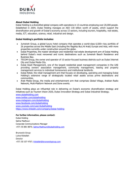 About Dubai Holding Dubai Holding Is a Diversified Global Company with Operations in 13 Countries Employing Over 20,000 People