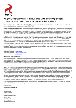 Angry Birds Star Wars™ II Launches with Over 30 Playable Characters and the Chance to “Join the Pork Side”!