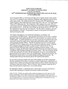 EXECUTIVE SUMMARY AIRCRAFT ACCIDENT Thtvestigation F-16 CG, SIN 90-0776 524TH EXPEDITIONARY FIGHTER SQUADRON (EFS), BALAD AB, IRAQ 27 NOVEMBER 2006