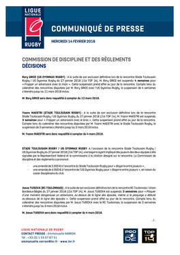 Commission De Discipline Et Des Règlements Décisions