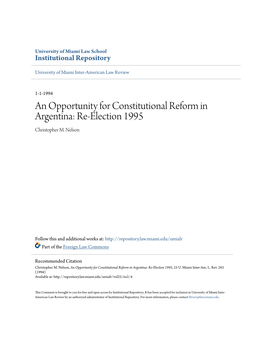 An Opportunity for Constitutional Reform in Argentina: Re-Election 1995 Christopher M