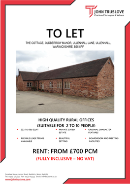 To Let the Cottage, Oldberrow Manor, Ullenhall Lane, Ullenhall, Warwickshire, B95 5Pf Warwickshire, B95 5Pf