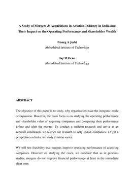 A Study of Mergers & Acquisitions in Aviation Industry in India and Their