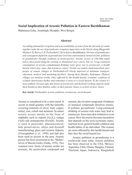 Social Implication of Arsenic Pollution in Eastern Barddhaman Mahamaya Laha, Arambagh, Hooghly, West Bengal